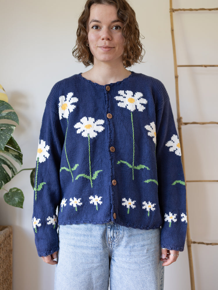 90s Navy Daisy Cotton Cardigan - L