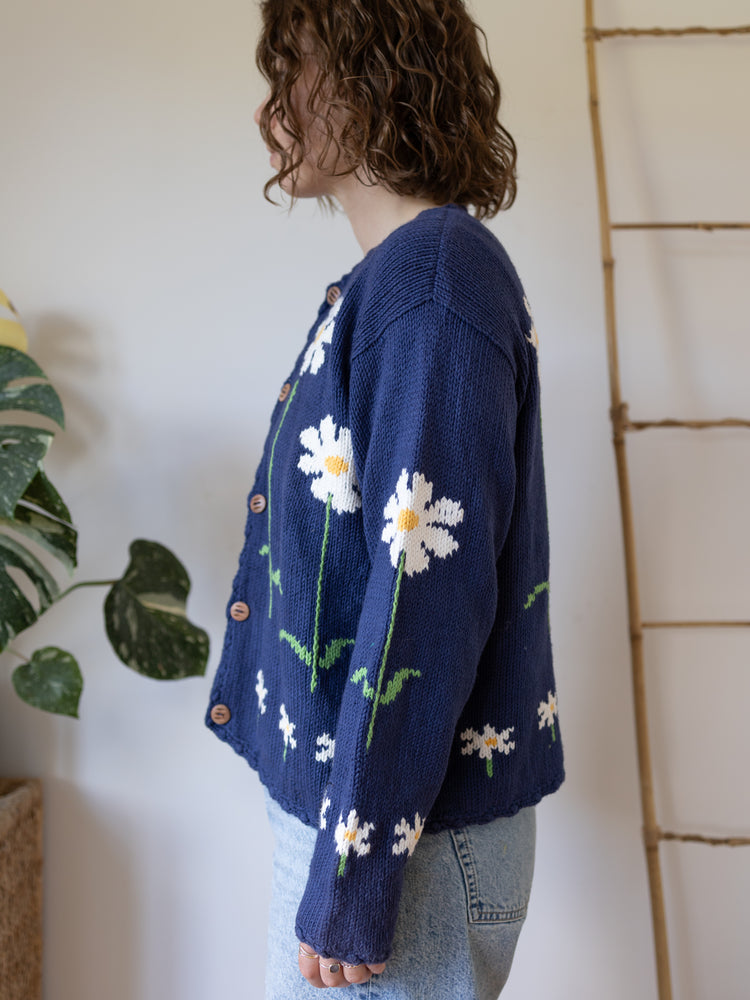 90s Navy Daisy Cotton Cardigan - L