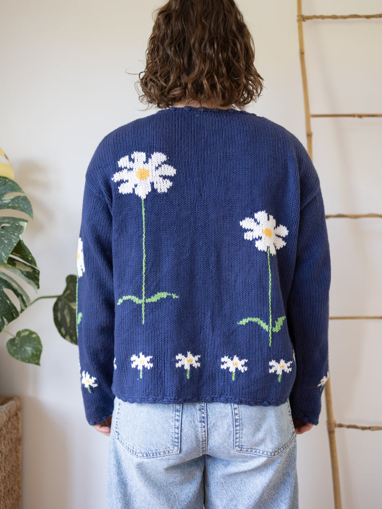 90s Navy Daisy Cotton Cardigan - L
