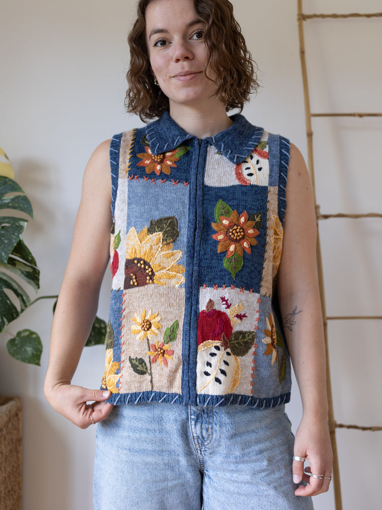 90s Sunflower Embroidered Vest - M