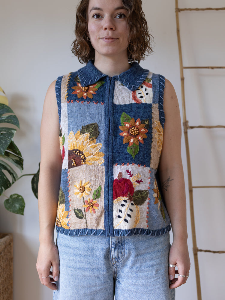 90s Sunflower Embroidered Vest - M
