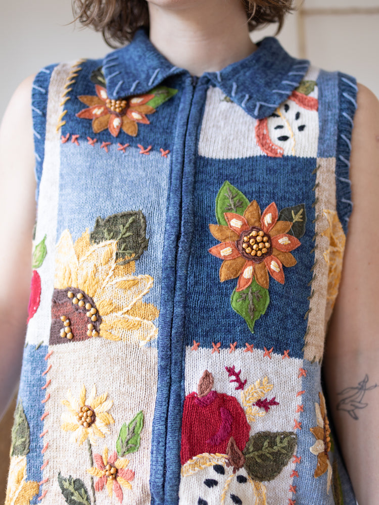 90s Sunflower Embroidered Vest - M