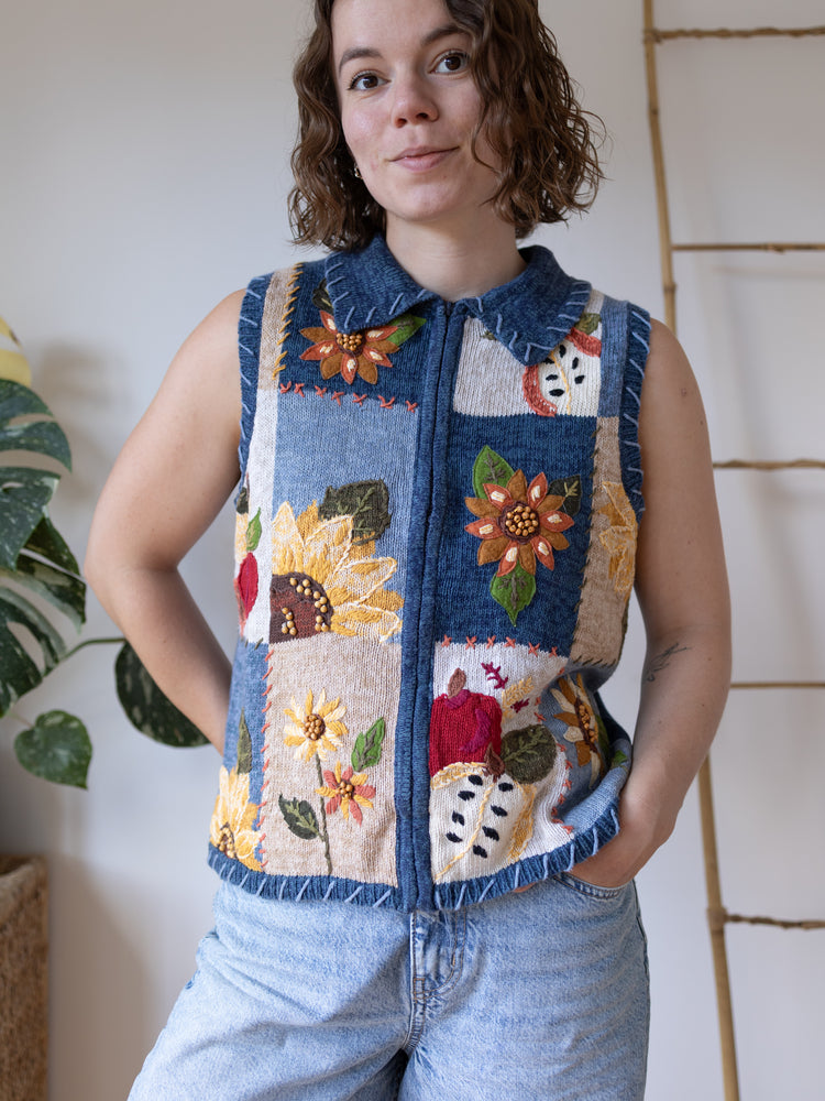 90s Sunflower Embroidered Vest - M