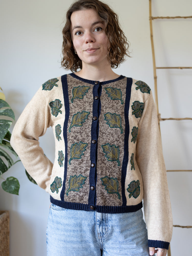 90s Leaf Embroidered Cardigan - S