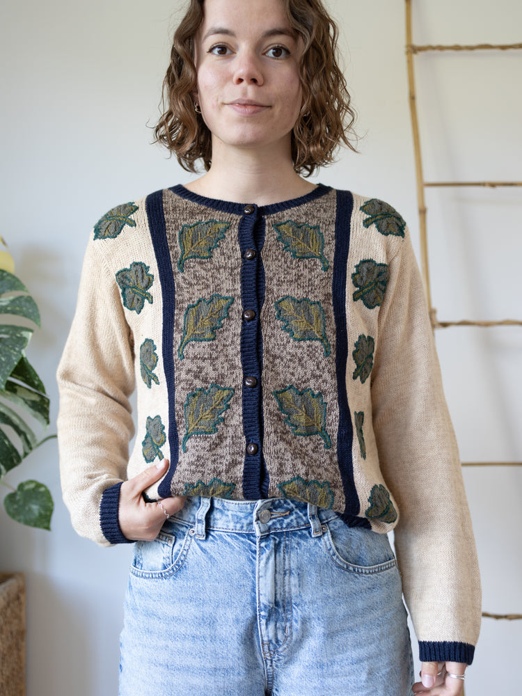 90s Leaf Embroidered Cardigan - S