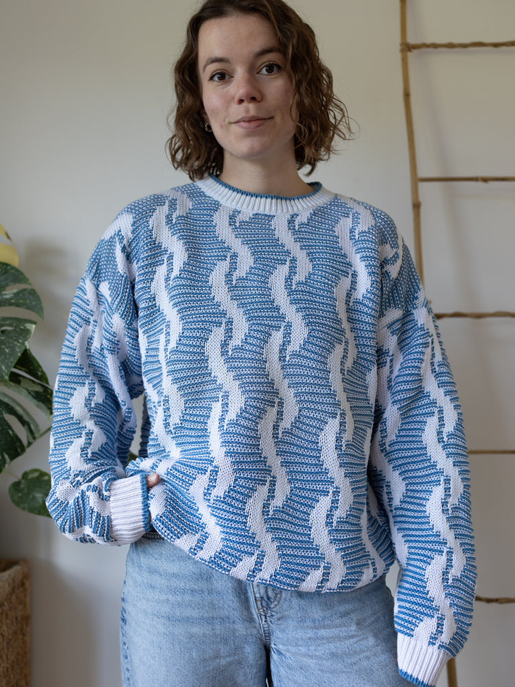80s Blue & White Patterned Cotton Jumper - L