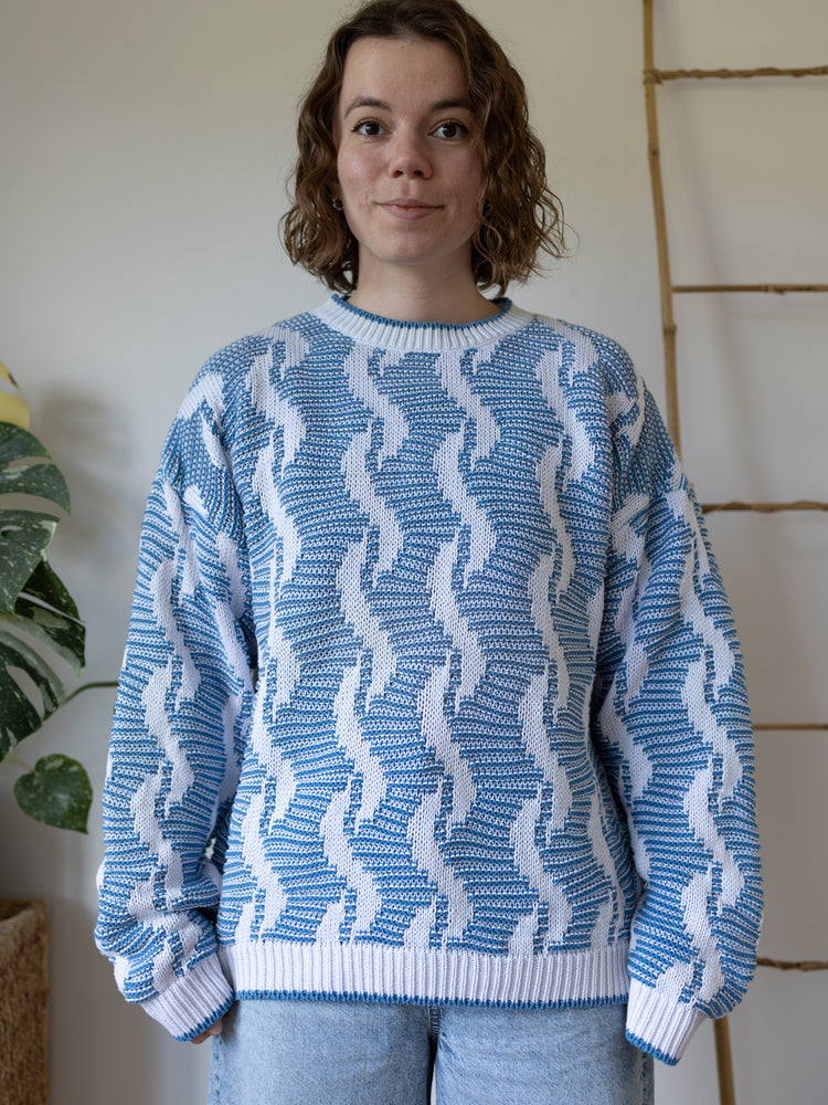 80s Blue & White Patterned Cotton Jumper - L