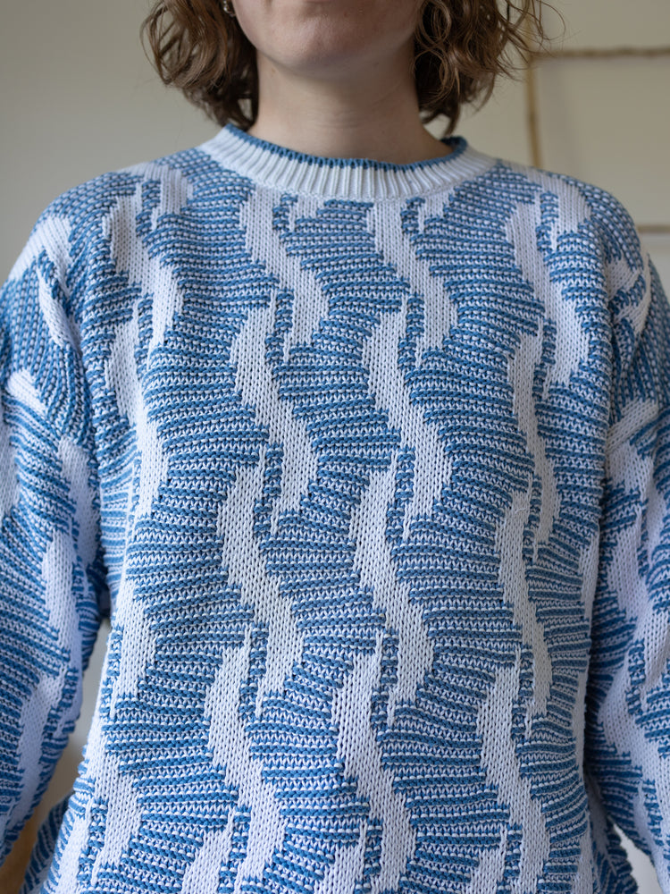 80s Blue & White Patterned Cotton Jumper - L
