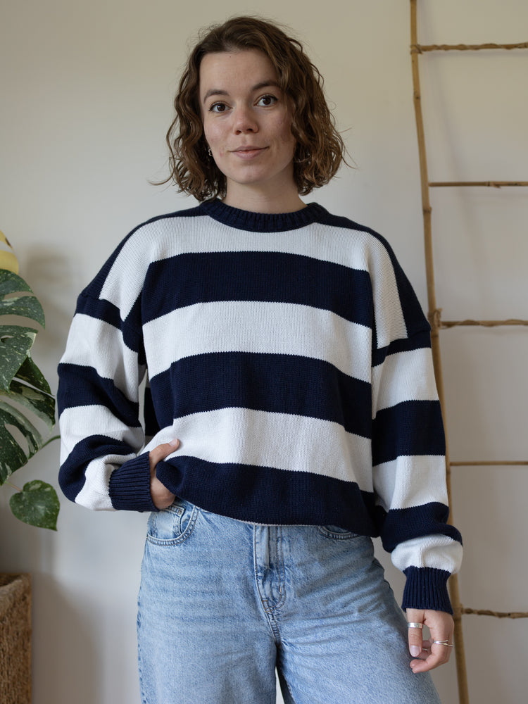 80s Navy & White Striped Cotton Jumper - XL