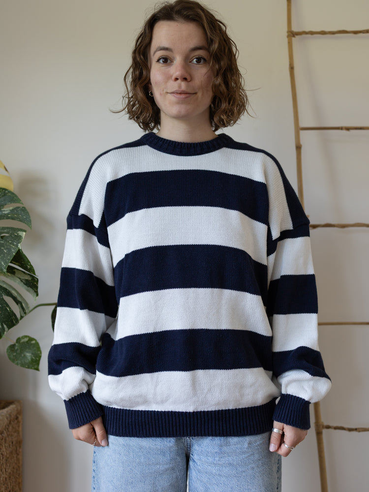 80s Navy & White Striped Cotton Jumper - XL