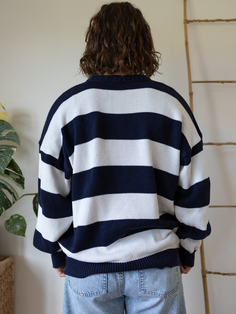 80s Navy & White Striped Cotton Jumper - XL