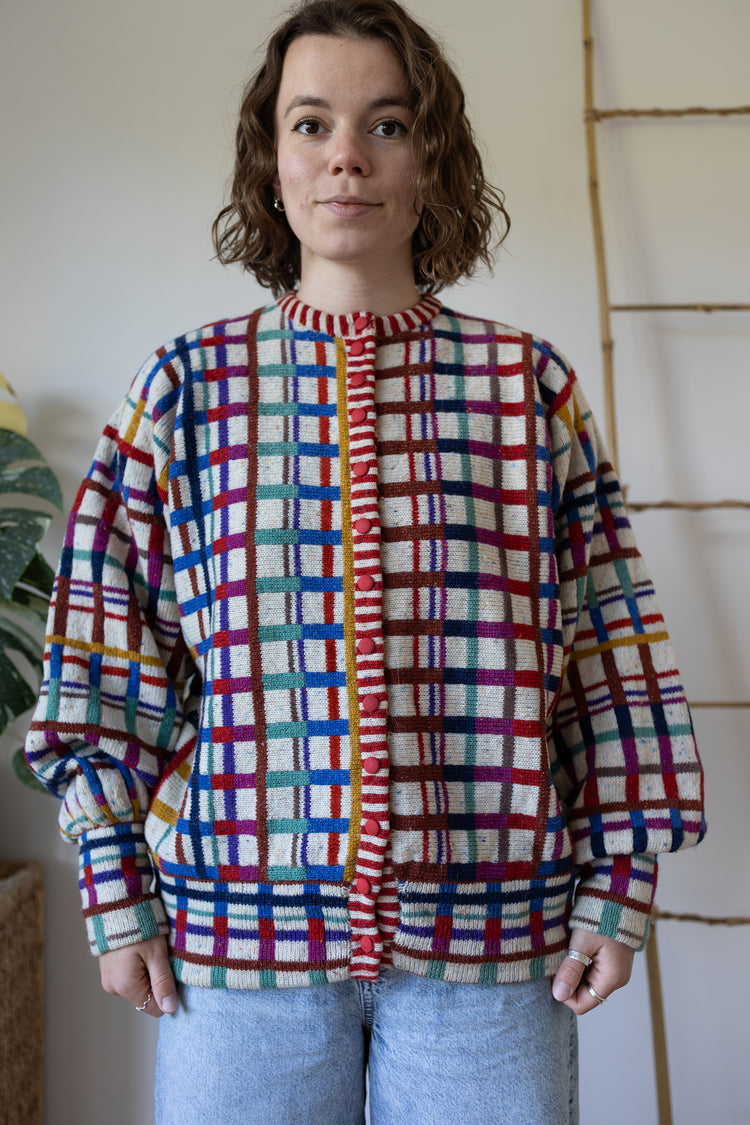 80s Maggie White Funky Checkered Cardigan - XL