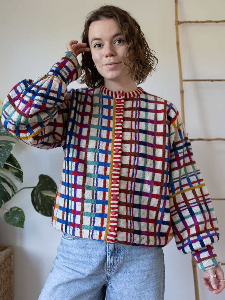 80s Maggie White Funky Checkered Cardigan - XL