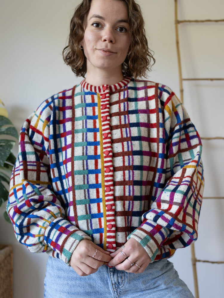 80s Maggie White Funky Checkered Cardigan - XL
