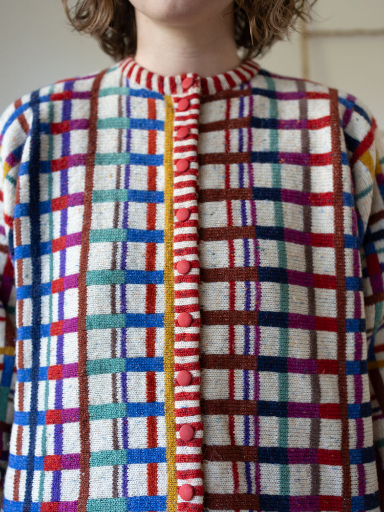 80s Maggie White Funky Checkered Cardigan - XL