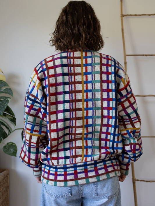80s Maggie White Funky Checkered Cardigan - XL
