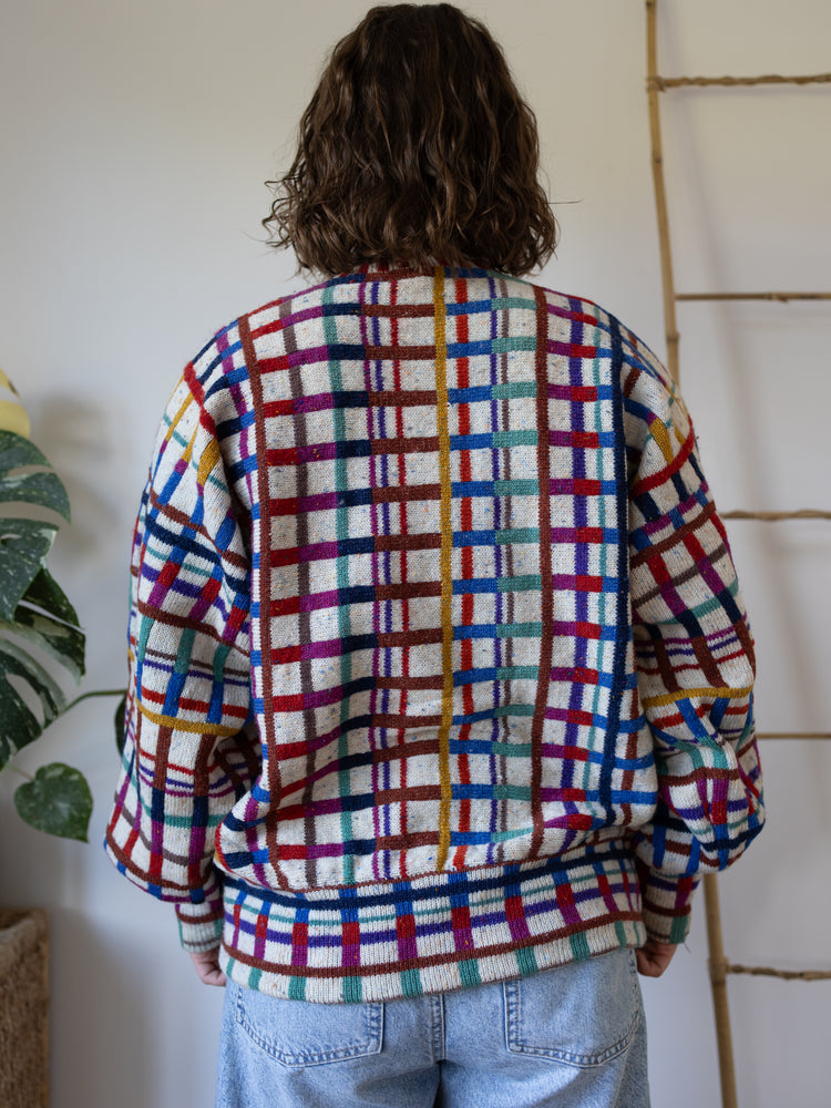 80s Maggie White Funky Checkered Cardigan - XL