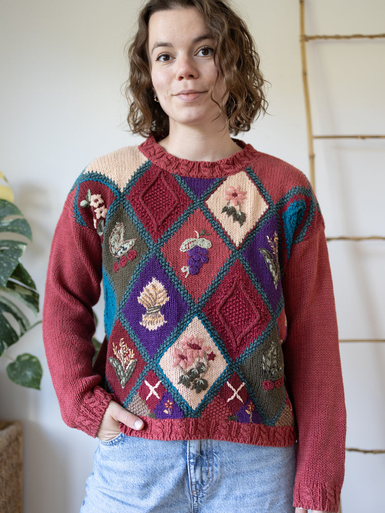 90s Embroidered Patchwork Jumper - M