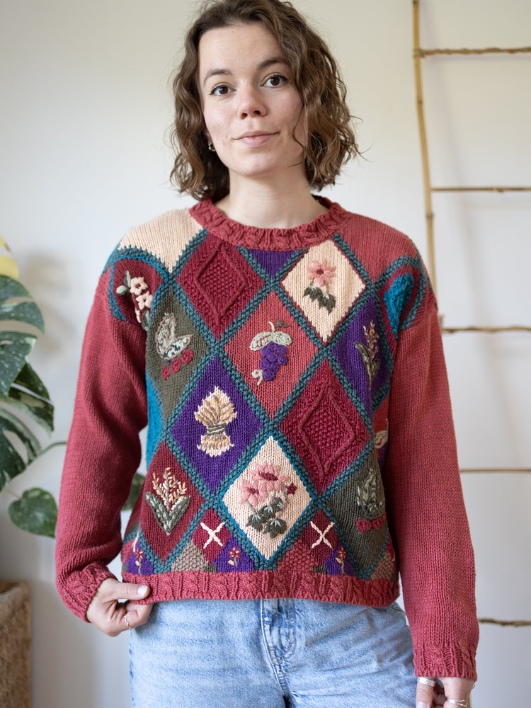 90s Embroidered Patchwork Jumper - M