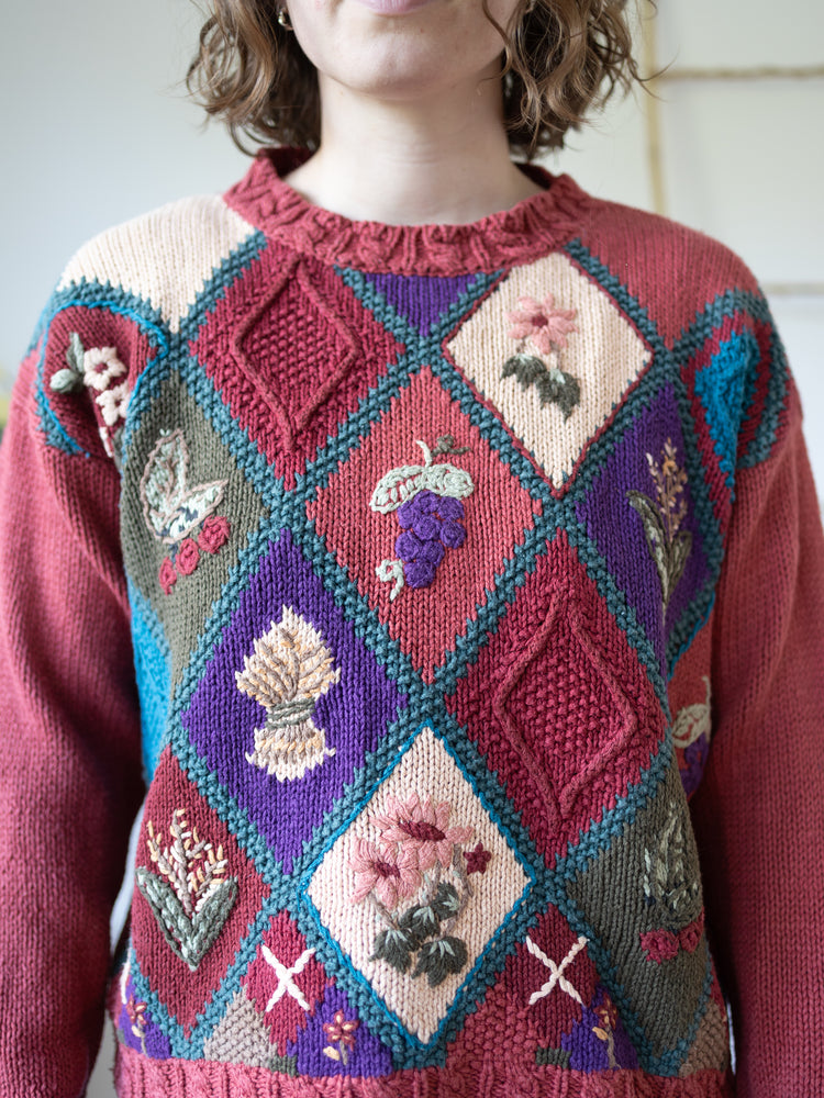 90s Embroidered Patchwork Jumper - M