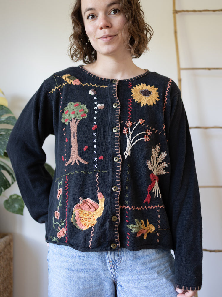 90s Black Autumn Embroidered Cardigan - L