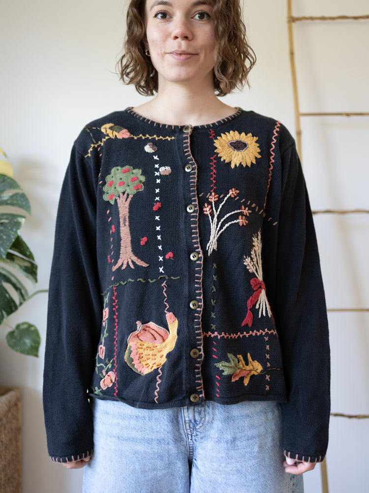 90s Black Autumn Embroidered Cardigan - L