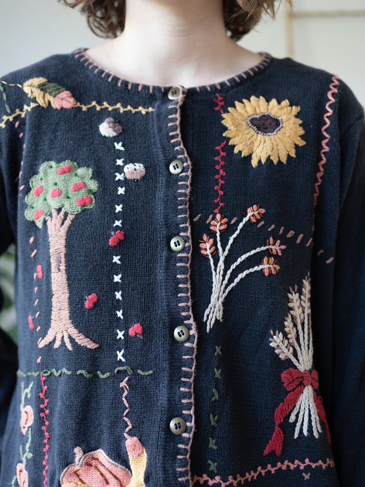90s Black Autumn Embroidered Cardigan - L