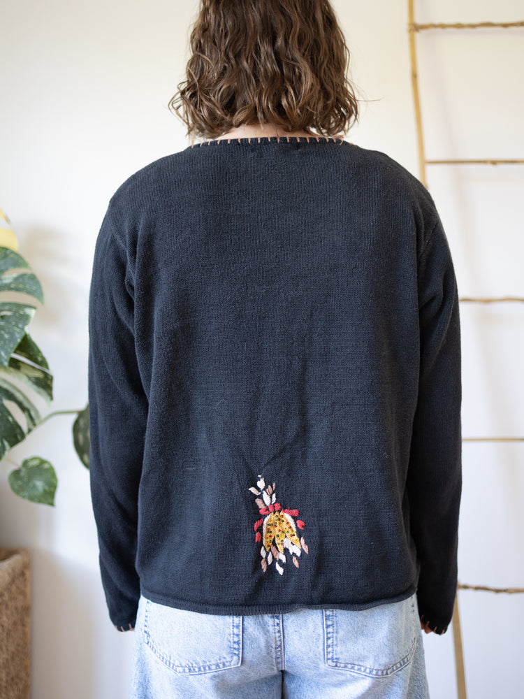 90s Black Autumn Embroidered Cardigan - L