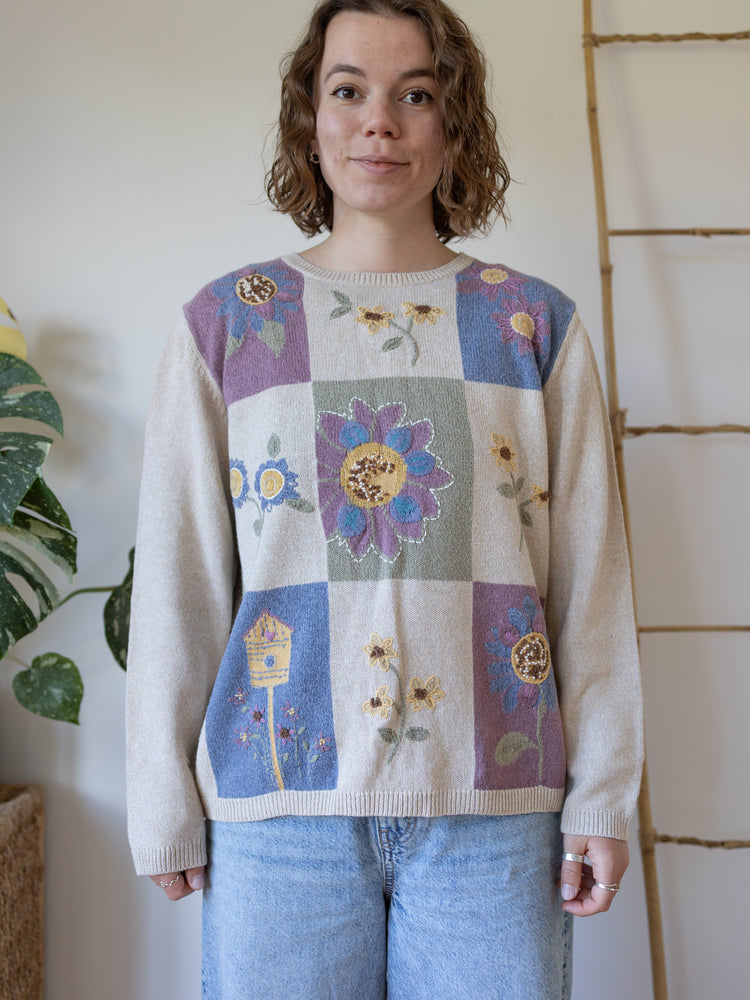 90s Sunflower Embroidered Jumper - L
