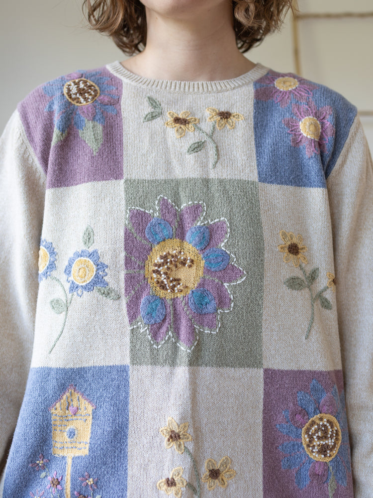 90s Sunflower Embroidered Jumper - L