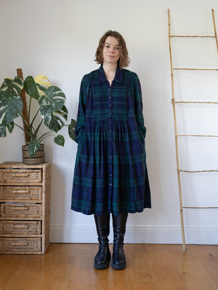 90s St Michael Tartan Smocked Dress - XL