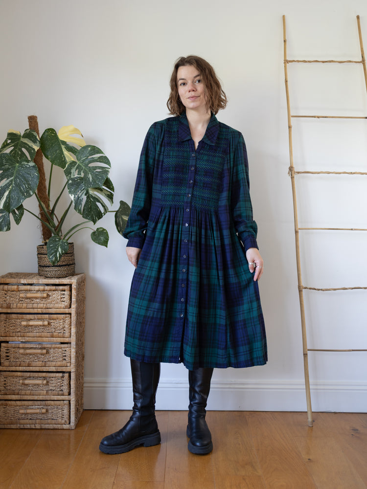 90s St Michael Tartan Smocked Dress - XL