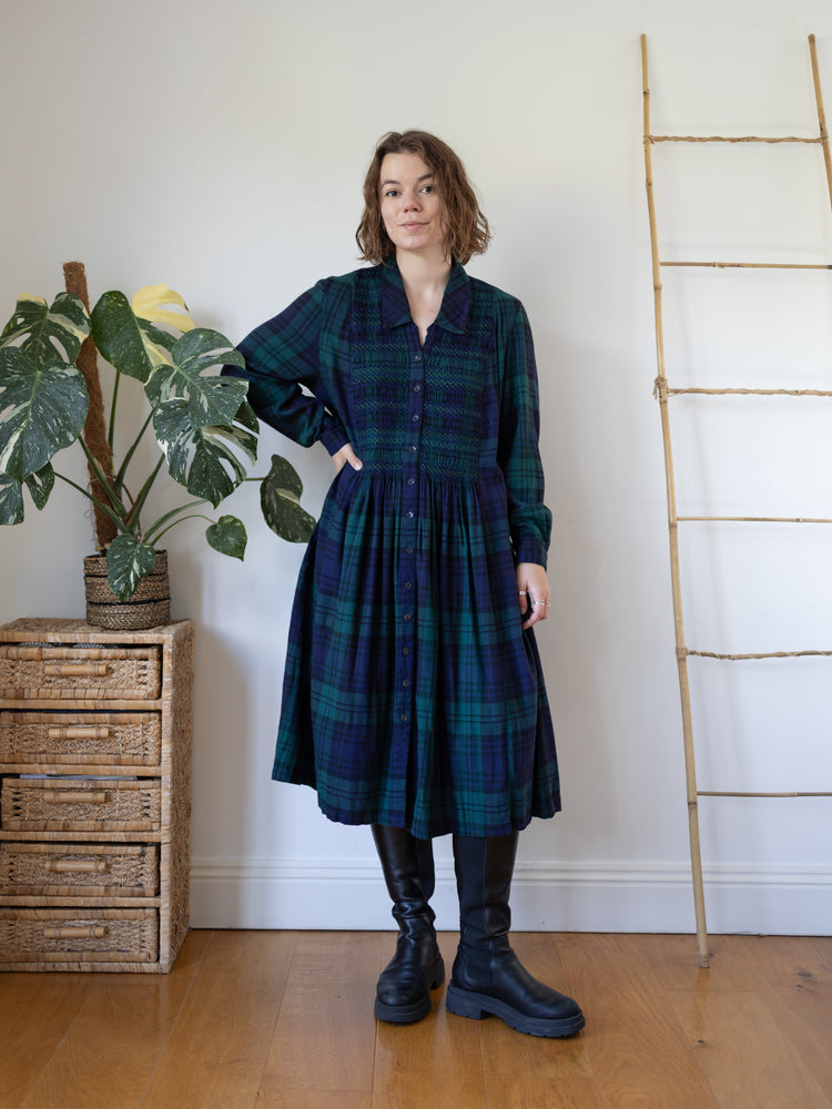 90s St Michael Tartan Smocked Dress - XL