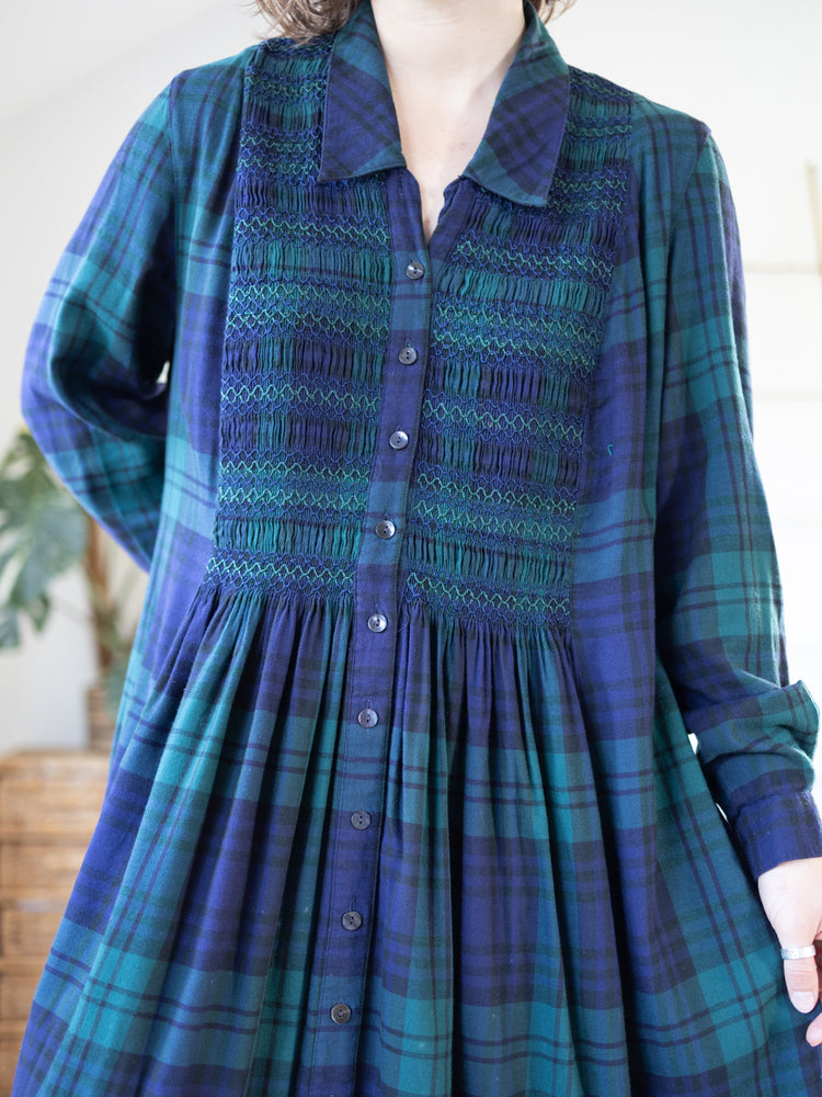 90s St Michael Tartan Smocked Dress - XL
