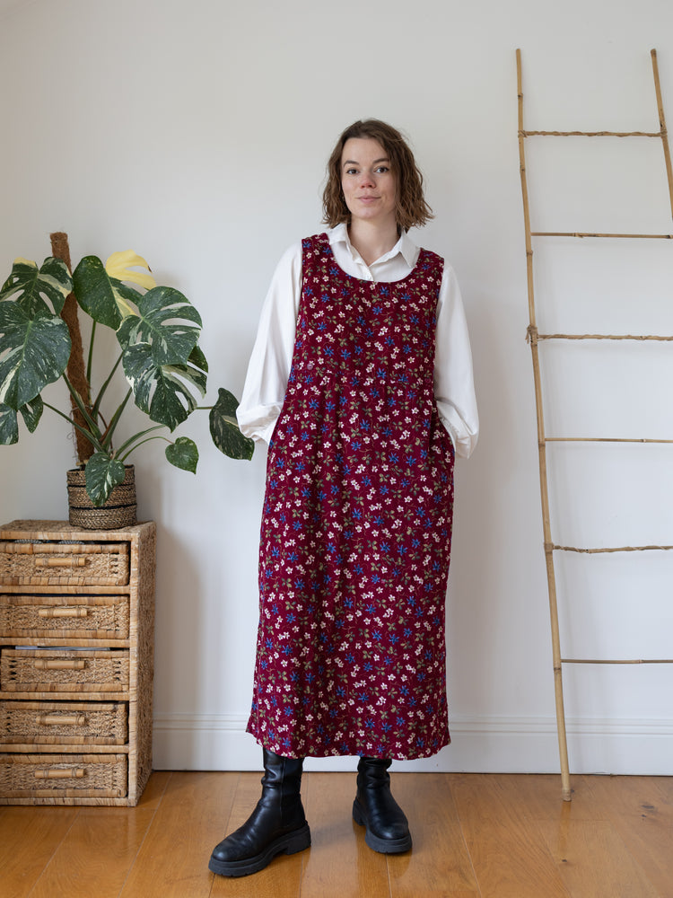 90s Bobbie Brooks Burgundy Floral Cord Dress - M