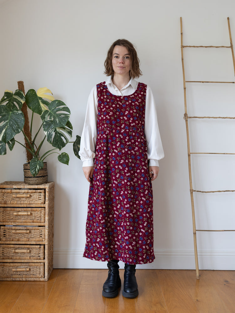 90s Bobbie Brooks Burgundy Floral Cord Dress - M