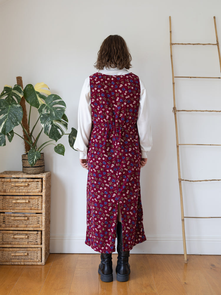 90s Bobbie Brooks Burgundy Floral Cord Dress - M