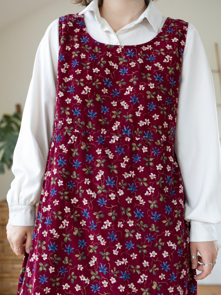 90s Bobbie Brooks Burgundy Floral Cord Dress - M