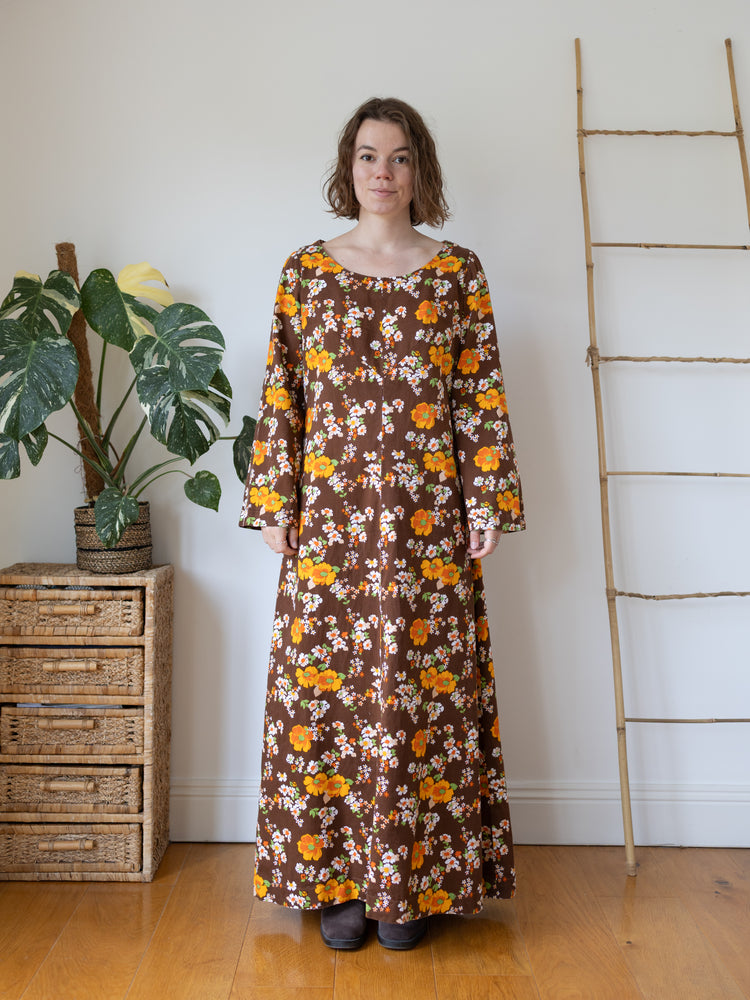 70s Brown Cotton Floral Maxi Dress - L