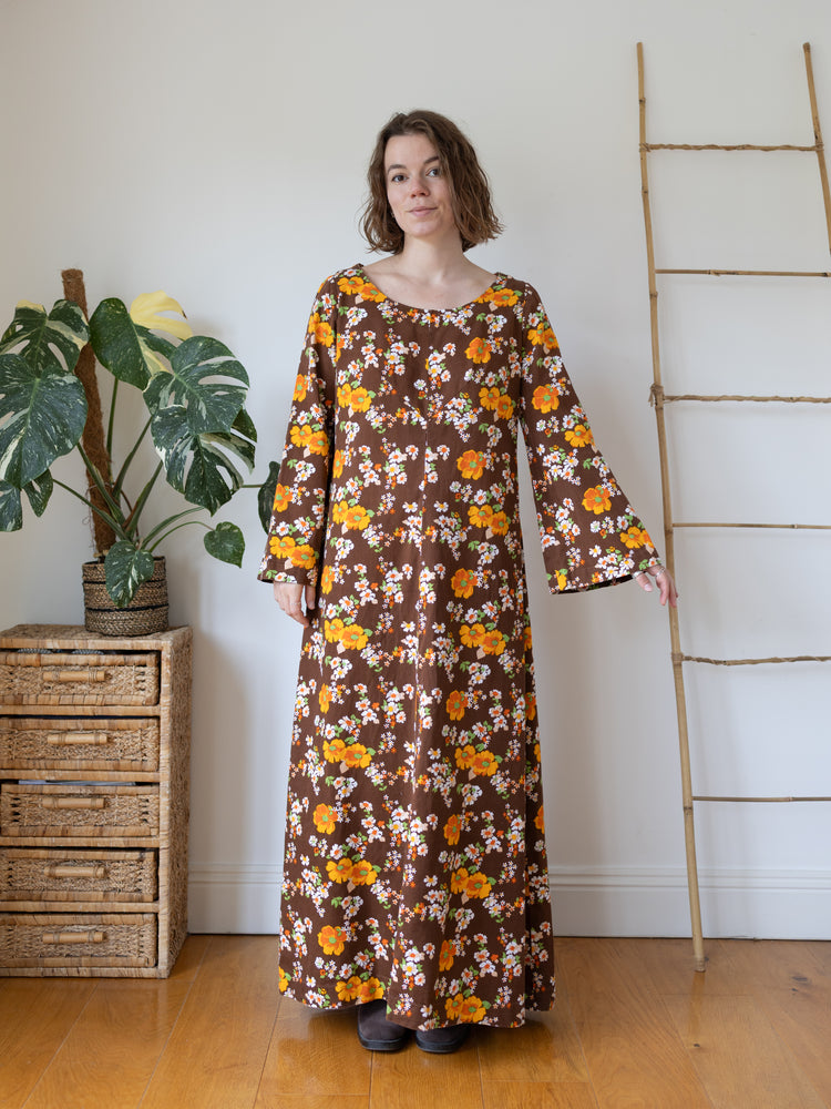 70s Brown Cotton Floral Maxi Dress - L