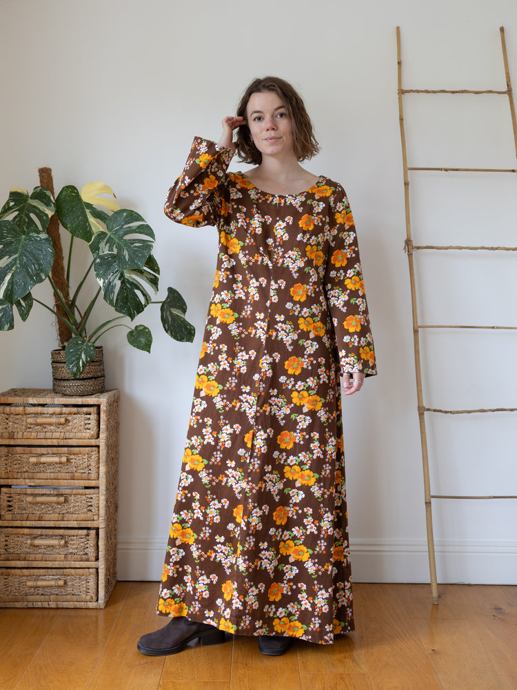 70s Brown Cotton Floral Maxi Dress - L