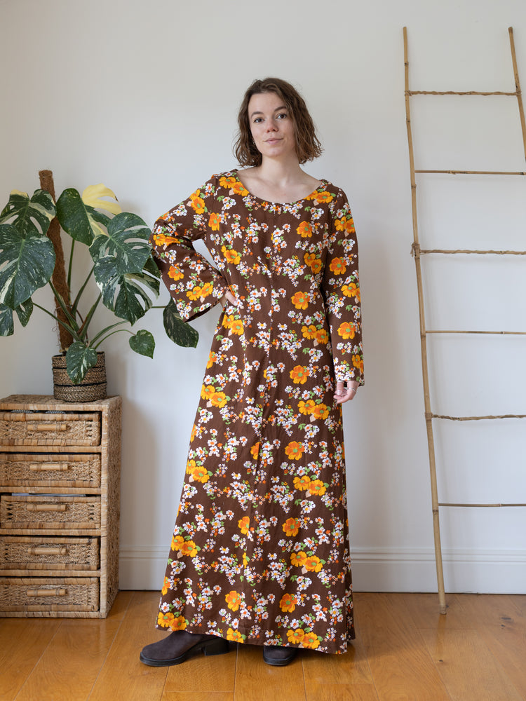 70s Brown Cotton Floral Maxi Dress - L