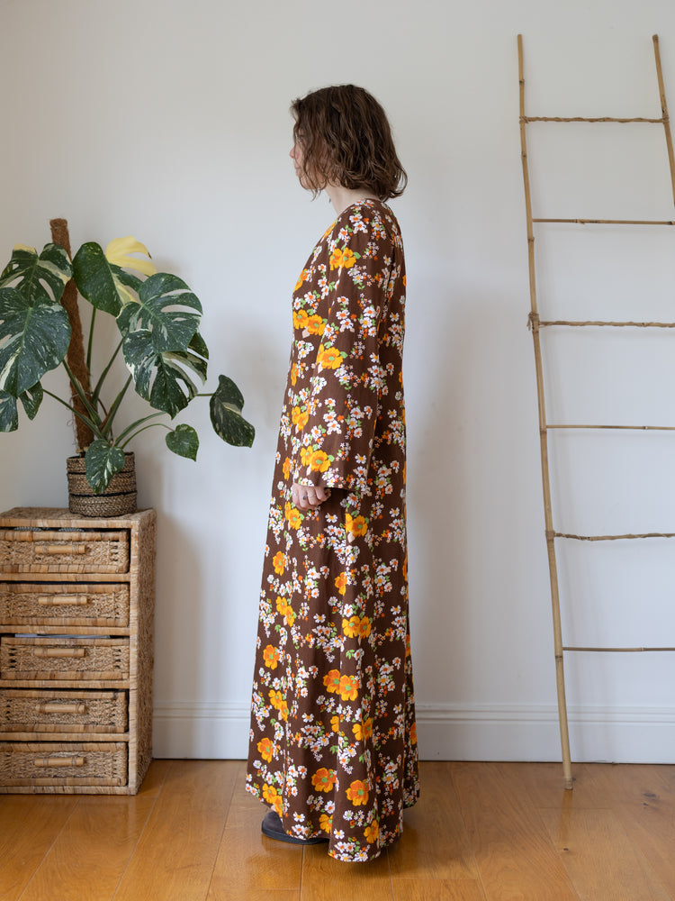 70s Brown Cotton Floral Maxi Dress - L