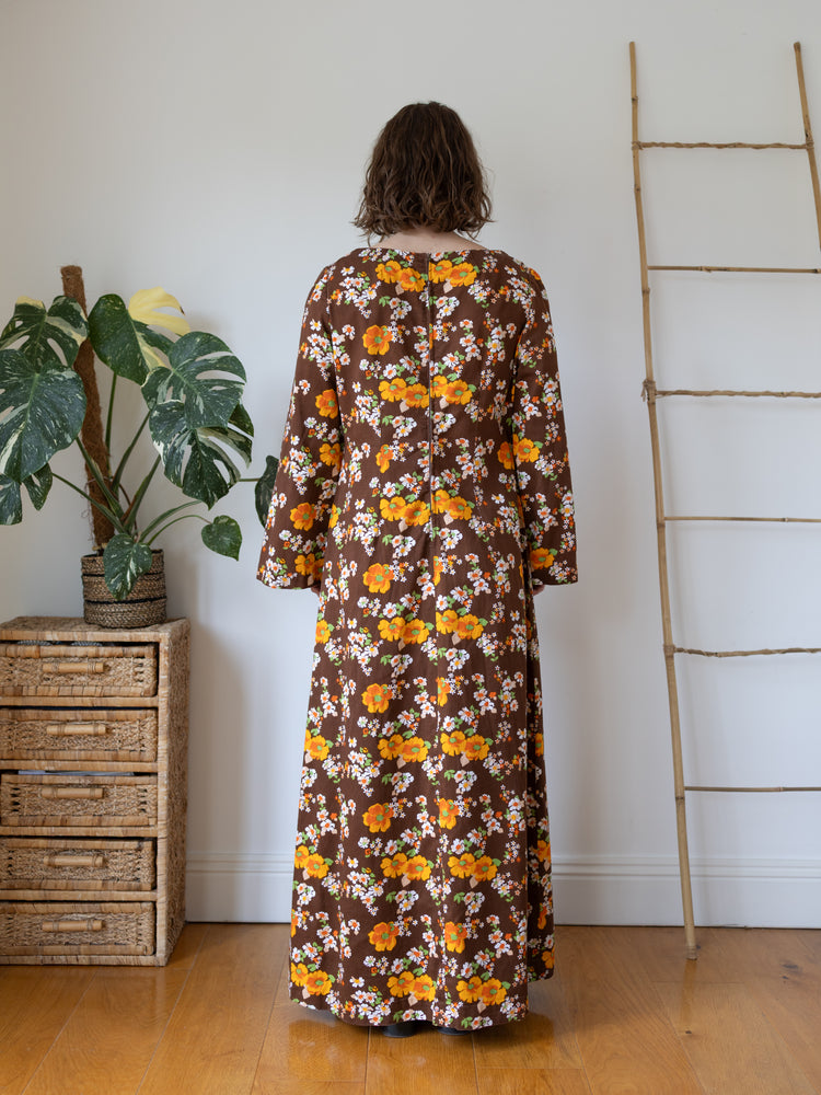 70s Brown Cotton Floral Maxi Dress - L