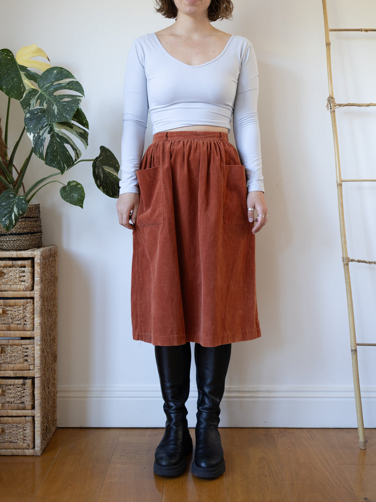 70s Burnt Orange Cord Skirt - 27"