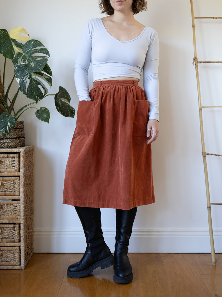 70s Burnt Orange Cord Skirt - 27"
