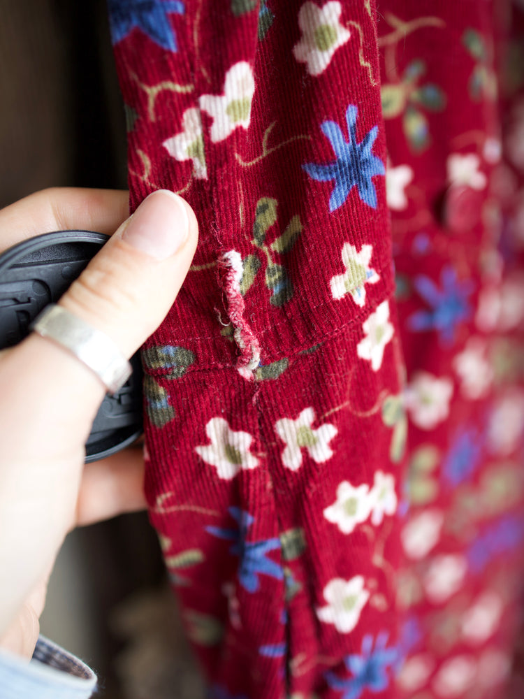90s Bobbie Brooks Burgundy Floral Cord Dress - M