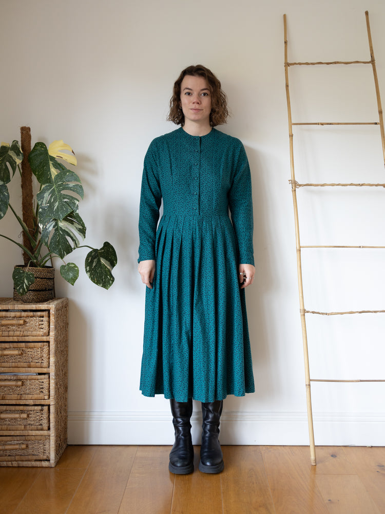 80s Laura Ashley Green Leaf Patterned Dress - M