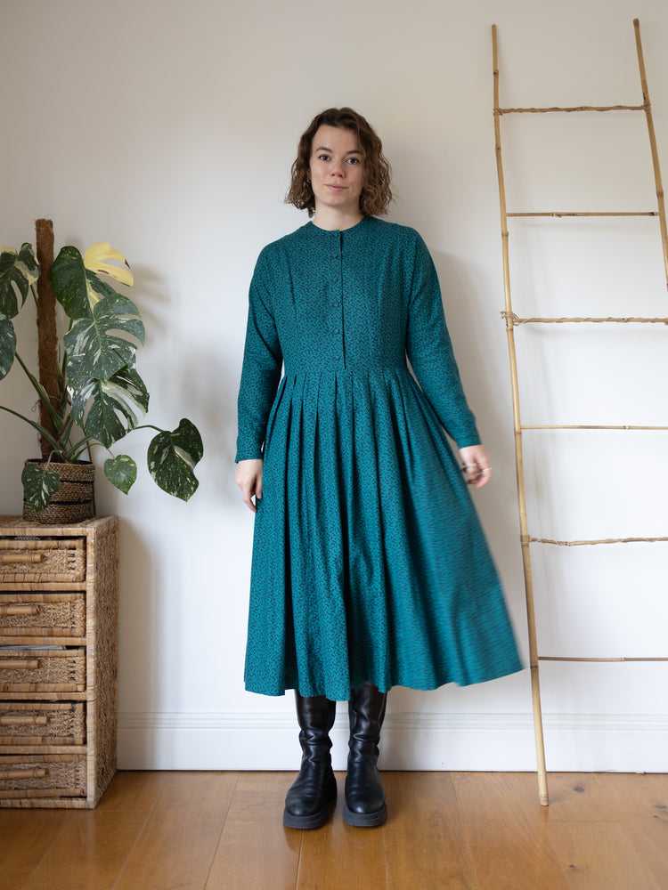 80s Laura Ashley Green Leaf Patterned Dress - M