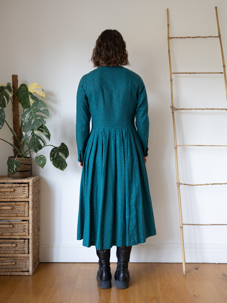 80s Laura Ashley Green Leaf Patterned Dress - M